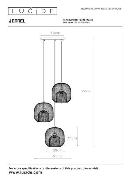 Lucide JERREL - Hanglamp - Ø 51 cm - 3xE27 - Zwart - technisch